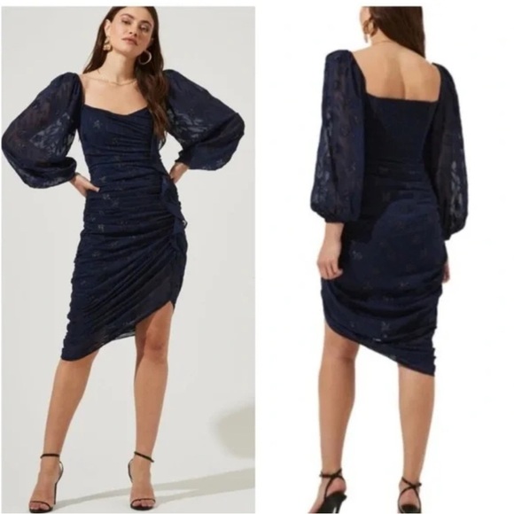NWT ASTR The Label Athens Ruched Ruffle - Puff Sleeve Midi Dress in Navy - SMALL - Picture 6 of 6